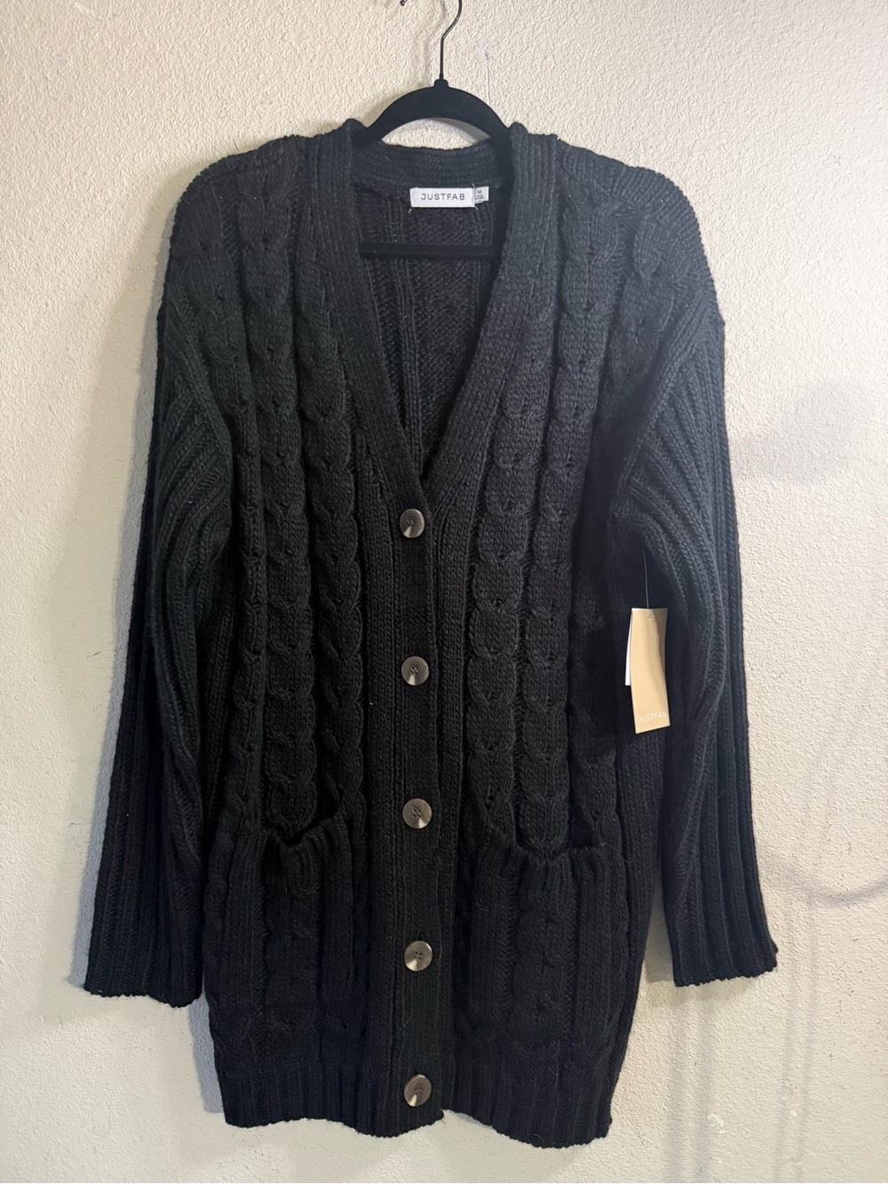 JustFab Black Cable Knit Button-Front Cardigan with Pockets